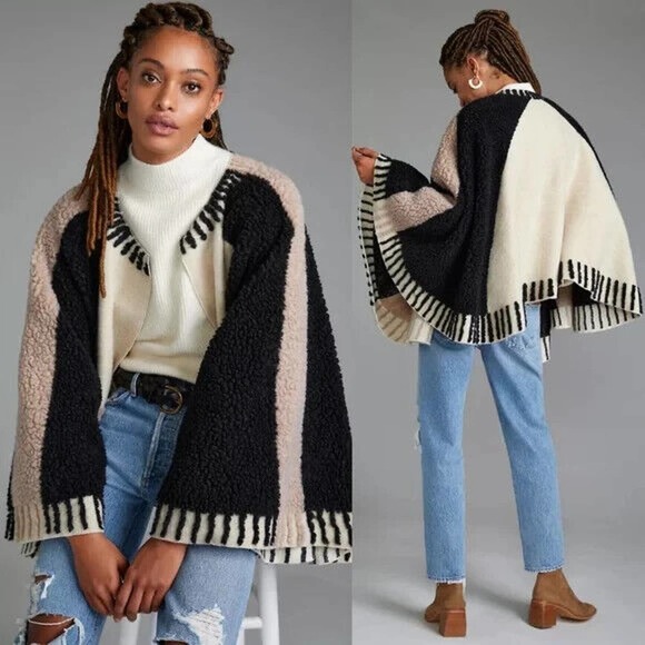 NWT Maeve Anthropologie Dusk & Dawn Capelet Sherpa Colorblock Textured Cape Boho - Picture 3 of 12